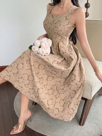 DAZY 1pc Women All-Over Floral Print Square Neck Sleeveless Mid-Length Dress