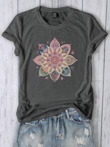 Women Floral Print Fitted T-Shirt, Casual Summer - Dark Grey - View 3