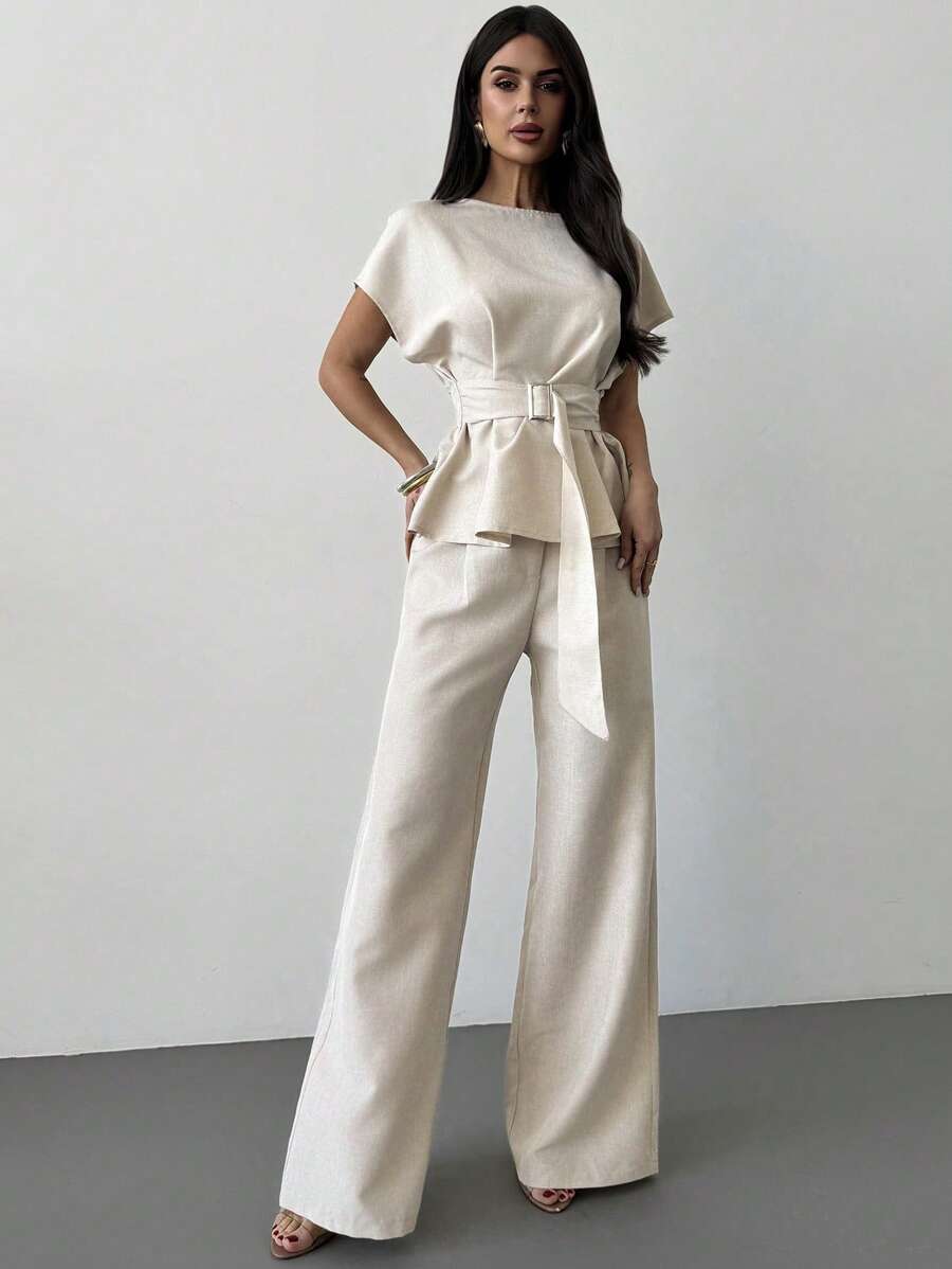 Firerie Spring/Summer New Simple Elegant Daily Office Commute Apricot Linen Bamboo Node Round Neck Waisted Button Down Shirt & High Waist Straight Wide Leg Pants Outfit, Linen Daily Commute & Vacation Set,Graduation,Teacher Outfits For Women,Back To School - Apricot - View 1