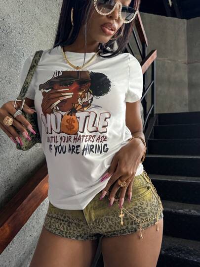 INAWLY 图案和字母印花修身短款 T 恤 拼命工作直到你的仇敌问你是否在招聘 图案 T 恤 女式上衣