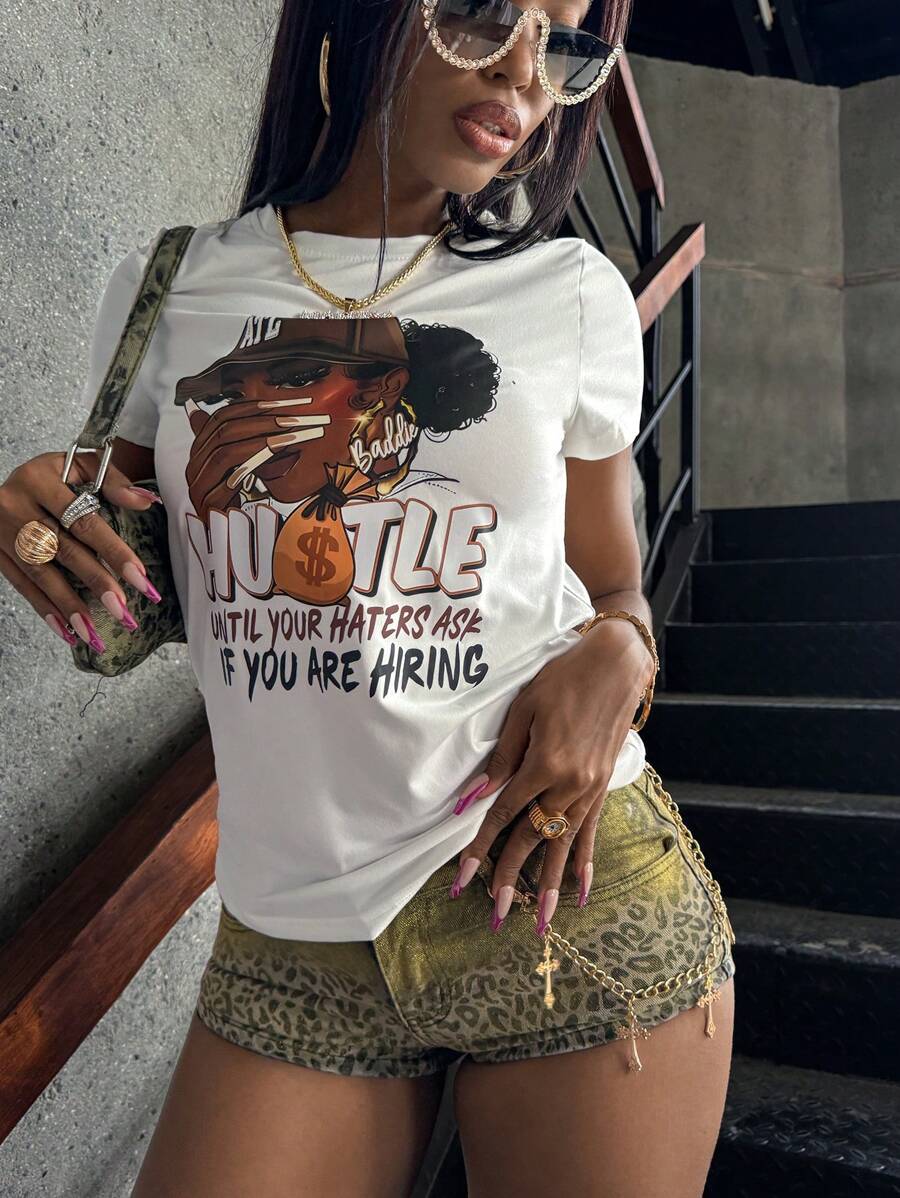 INAWLY 图案和字母印花修身短款 T 恤 拼命工作直到你的仇敌问你是否在招聘 图案 T 恤 女式上衣 - 白色 - 查看 1
