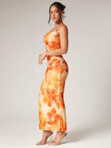 Silquee 2pcs Women's Elegant Summer Beach Vacation Yellow Tie-Dye Floral Print Pleated Mesh Top And Fishtail Skirt Two-Piece Set For Spring And Summer Vacation, Beach, Suitable For Romantic Date, Wedding, Night Out, Beach Vacation, Elegant Beach Vacation, Summer Sexy, Suitable For Date Night, Suitable For Vacation, Beach, Music Festival, Suitable For Spring And Summer, Suitable For Daily Date, Night Out, Party, Gathering - Multicolor - View 7