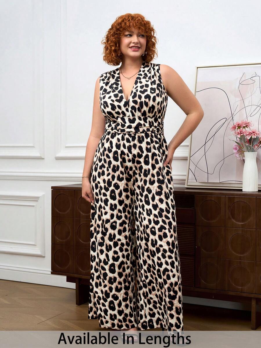 SHEIN Tall CURVE Plus Size Women Sexy Leopard Print V-Neck Sleeveless Jumpsuit  Airport Outfit For Women  Teacher Outfits For Women - Multicolor - View 1