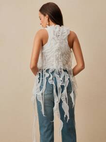 Anewsta Camiseta sin mangas de mujer de verano con cuello redondo, diseño de volantes de malla multicapa y color liso - Blanco - Ver 2