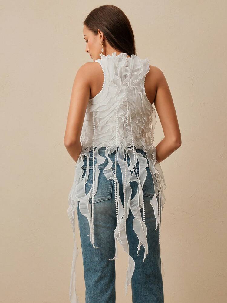 Women's Summer Solid Color Mesh Layered Ruffle Trim Round Neck Camisole
