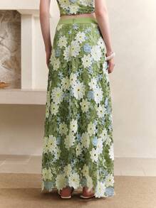 Zanirela Falda larga de línea A con elegante encaje azul bordado de alta gama, estilo para vacaciones - Verde - Ver 5