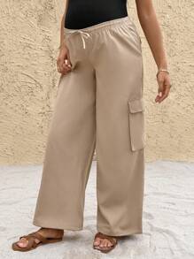 SHEIN Pantalones cargo de unicolor versátiles y casuales para maternidad - Caqui - Ver 4