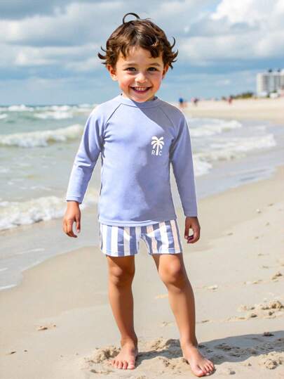 SHEIN 2pcs/Set Young Boys Casual Striped Swimsuits, Swim Trunks + Solid Rash Guard, Suitable For Swimming, Surfing, Beach Activities