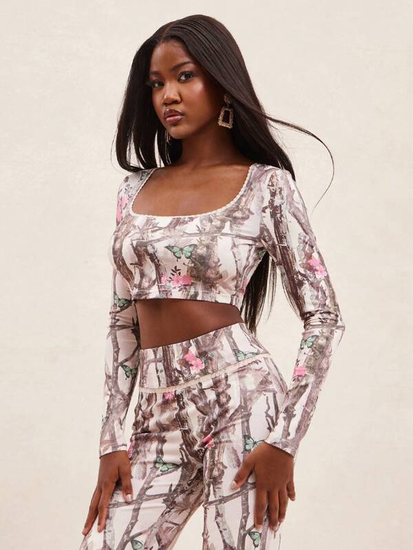 SHEIN Unity Top Butterfly Camo Long Sleeve Lace Trim Summer Top Music Festival Elegant Vacation Spring Break Brunch Gym Workout Travel Ariport Loungewear Thanksgiving Christmas NYE New Years Eve Outfits For Women