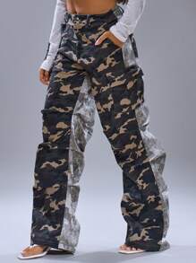 MUSERA Quần jeans ống rộng họa tiết rằn ri, phong cách đường phố mùa hè, thời trang Y2K, cá tính, nàng thơ thành thị, kỳ nghỉ, thanh lịch, lễ Phục sinh, thường ngày - xanh quân đội - Xem 3