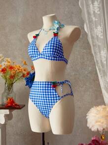 SHEIN Swim Women's Plaid Cherry Print 3D Decor Halter Split Bikini Set For Summer Beach Vacation - Multicolor - View 3