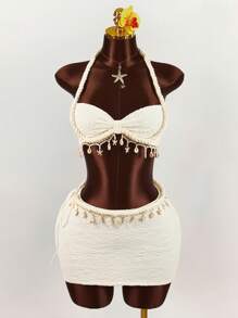 Amplova Set de 2 piezas: Top corto decorado con cuerda, estrella de mar y concha, y mini falda