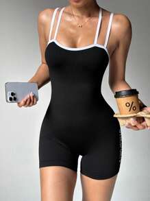 SHEIN Sport Studio Women's Solid Color Seamless Criss-Cross Contrast Color Sports Jumpsuit