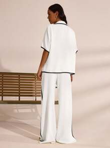 MUSERA Camisa oversize con look de lino y pantalones con ribete de contraste y lazo, conjunto elegante y lindo para vacaciones de primavera y verano en estilo bohemio de Ibiza