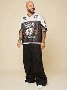 EASEVO Plus Size Men Summer Casual Numeric & Letter Printed Crew Neck Patchwork Short Sleeve T-Shirt, Grunge Style