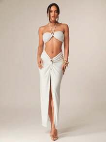 Silquee Summer Elegant Off-White Vacation Holiday Women 2 Pieces Set Solid Short Tank Shell Metallic Decoration Slim Fit Maxi Skirt Party Night Out - White - View 4