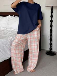 DAZY Women's Relaxed Fit Plaid Pattern Loose T-Shirt Top And Straight Leg Pajama Pants Home Outfit Set - Navy Blue - View 3