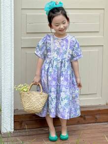 DAZY Young Girls Summer All-Over Floral Print Sweet Korean Style Dress - Mauve Purple - View 4