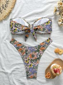Swim Vcay Conjunto de bikini de dos piezas con estampado tropical, top halter y adorno metálico, traje de baño casual para vacaciones