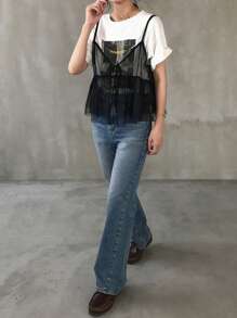 FRIFUL Top de tirantes transparente con ajuste ceñido y cordones, con pliegues y volantes en el dobladillo para el verano - Negro - Ver 2