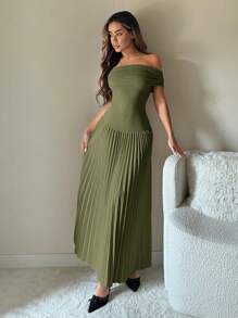 SHEIN ICON Váy dạ hội 1 mảnh trễ vai màu trơn xếp ly thanh lịch - xanh quân đội - Xem 3