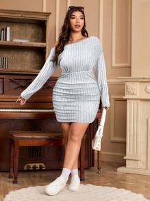 SHEIN EZwear 大码女式纯色罗纹长袖不对称领口修身连衣裙，秋冬 - 淺灰色 - 查看 4