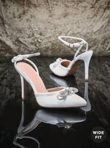SHUZIA 宽版畅销女士水钻踝带和蝴蝶结装饰尖头细高跟鞋 PU 白色高跟鞋 - 优雅、迷人、彰显个性。 - 白色 - 查看 5