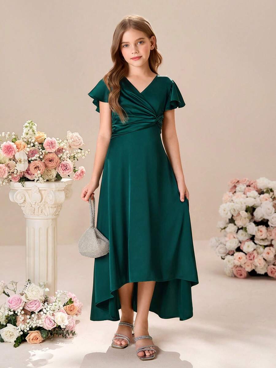Tween Girls' Elegant Short Sleeve Midi Dress In Deep Green, Summer - Green - View 1