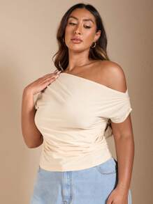 SHEIN Tall CURVE Plus Size Women Short Sleeve Solid Color Off Shoulder T-Shirt - Apricot - View 5