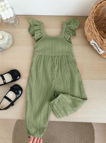 SHEIN LMoss Kids Baby Girl Cute Summer Versatile Green Textured Jumpsuit With Flutter Sleeves - Green - View 6