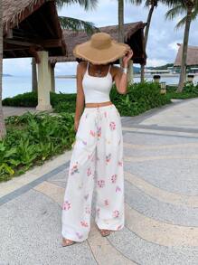 SHEIN EZwear Women's Vacation Casual Floral Print Wide Leg Pants - White - View 5