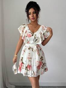 Elenzga Đầm nữ thanh lịch lãng mạn cổ chữ V tay bèo nhún, eo thắt, xếp ly, dáng chữ A, đi nghỉ - Nhiều màu - Xem 6