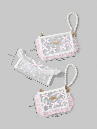 Kawaii 1 pieza Bolsa de cosméticos transparente de PVC con decoración de perla, lazo y encaje, organizador para monedas, auriculares y lápiz labial, regalo para viajes