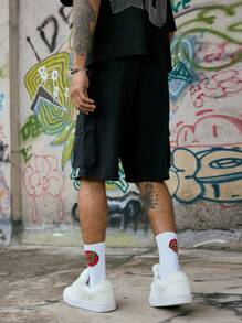 PAVTROS Manfinity Streetrush Men's Drawstring Waist Cargo Pocket Striped Casual Shorts Streetwear Men Shorts Men Street Wear Shorts Hip-Hop Street,Boy Friend Gifts - Black - View 2