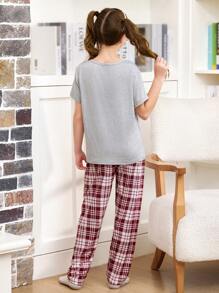 SHEIN Conjunto de pijama de manga corta y pantalón largo con estampado de letras para niñas preadolescentes - Multicolor - Ver 2