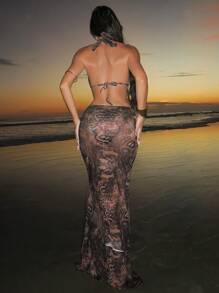 Swim SXY Bikini mùa hè phong cách Châu Âu và Mỹ thanh lịch in ngẫu nhiên cộng với thiết kế đặc biệt cho phụ nữ có váy đuôi cá che phủ - Nhiều màu - Xem 2