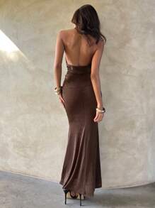 Aloruh 女士性感优雅罩杯细节金属扣装饰紧身长裙，棕色女士夏季连衣裙婚礼宾客连衣裙女士太阳裙女士优雅派对度假连衣裙，俱乐部服装女士性感 - 棕色 - 查看 2