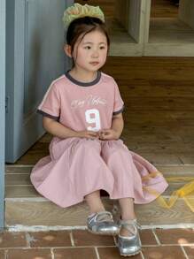 Dazy Kids Young Girls Round Neck Summer Casual Street Print Short Sleeve Mid-Length Dress - Pink - View 7