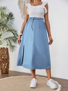 SHEIN Maternity Washed Blue Denim Skirt With Side Slit, Loose And Casual