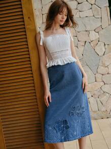 MOTF PREMIUM EMBROIDERY FLORAL PATTERN APPLIQUES SPLIT BACK DENIM SKIRT - Blue - View 5