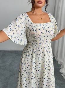 Modelyn Plus Size Print Long Sleeve Splice Lace Tie-Up Woven Dress - Multicolor - View 6