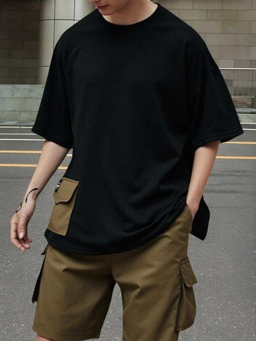 Tween Boys Black Summer Casual City Break Striped Utility Short Sleeve T-Shirt And Military Green Utility Shorts Set,College Style Comfortable Outfit - Multicolor - View 1