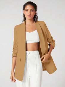 SHEIN BIZwear 女士时尚经典西装外套，适合日常通勤，长袖外套，商务休闲，秋季，女士夹克，女士办公室服装，女士职业装 - 黃色 - 查看 4