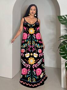 Slaydiva Váy họa tiết hoa mùa hè cỡ lớn cho nữ - màu đen - Xem 5