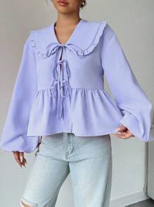 SHEIN Unity Blusa de mujer con cuello llamativo, mangas farol, nudo delantero y volantes para el verano - Púrpura malva - Ver 3