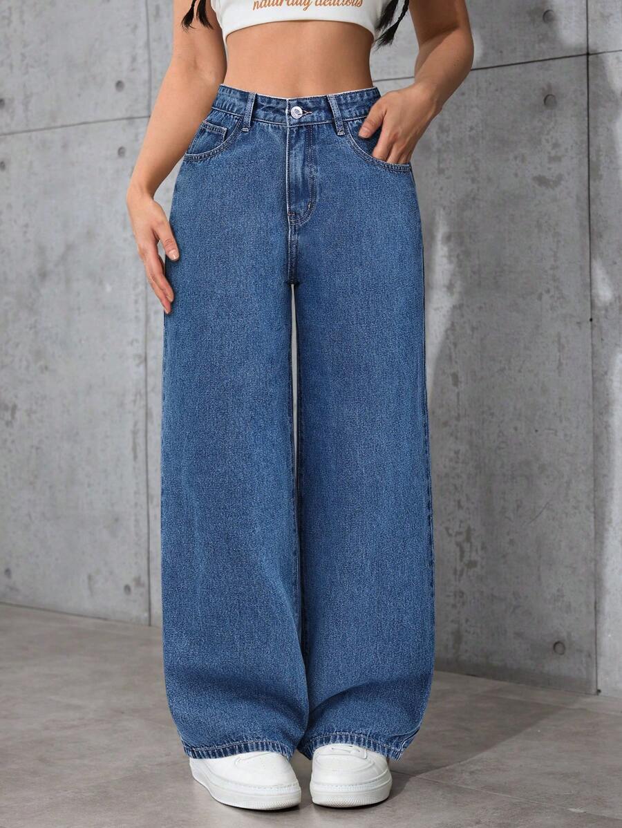 SHEIN PETITE 女式宽松口袋直筒休闲牛仔裤 - 藍色 - 查看 1