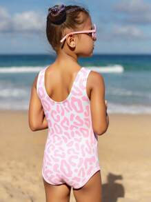 SHEIN Young Girls Cute Tropical Floral Ruffle Trim One Piece Swimsuit, Pink Tie Dye Beach Outfit, Swimming, Beach Wear Summer Holiday - Multicolor - View 2