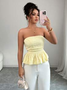 Rafferiza 时尚百搭雏菊纹理面料春夏浅黄色无袖抹胸泡泡褶双层下摆女士短款上衣奶油黄上衣女士优雅上衣可爱夏季上衣夏季服装秋季内搭 - 黃色 - 查看 3