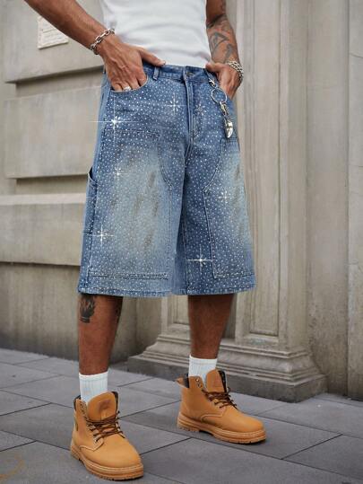 Street Life Men's Rhinestone Decorated Denim Cargo Shorts