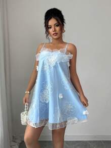 Chiquease Elaborate 3D Floral Spaghetti Strap Backless Dress - Blue - View 4